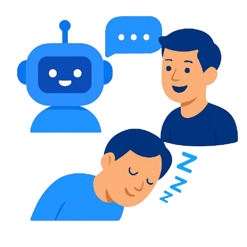 Chatbot talking to a happy customer while business owner sleeps